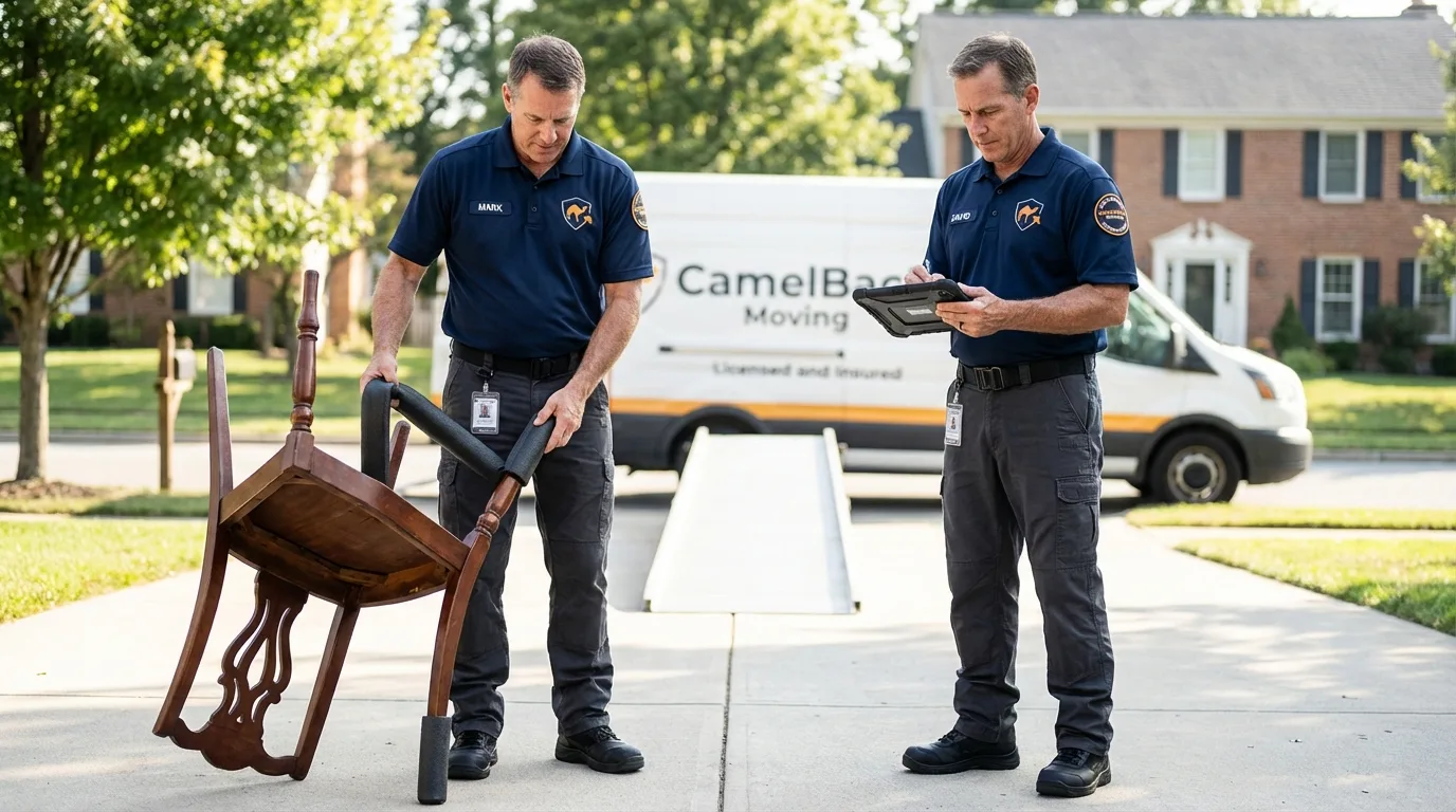 Movers inspecting furniture for damage prevention before loading in Avon Park, FL